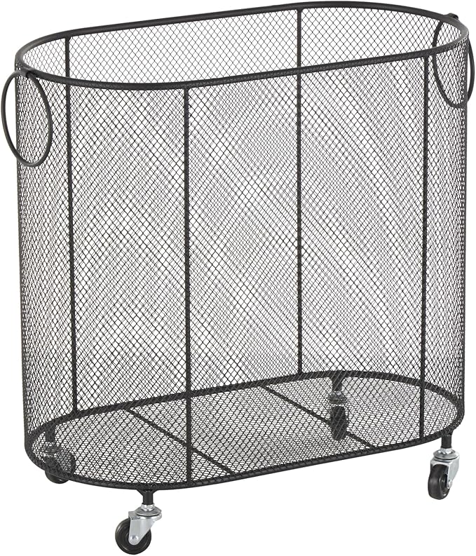 Deco 79 Metal Storage Cart Oval Mesh Wire Rolling Laundry with Ring Handles, 21" x 12" x 21", Black