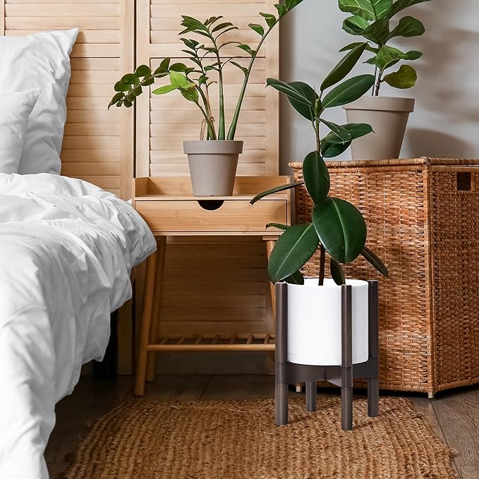 D'vine Dev Planter Pot with Stand - 8 Inch Plastic Cylinder Flower Pot with Wood Planter Holder for Indoor, Matte White Pot + Walnut Color Stand, 55-C-I-1