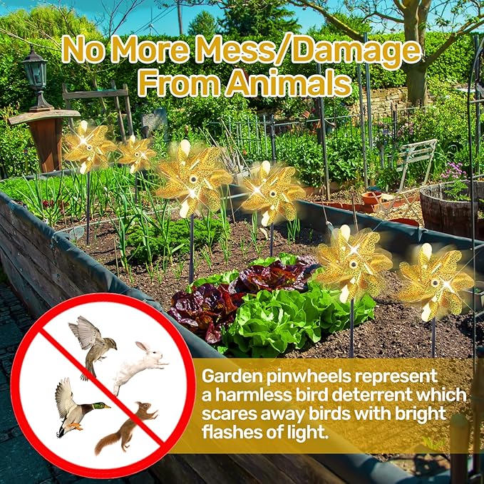 BATTIFE Golden Pinwheels for Garden, 10 Pack Reflective Wind Spinner to Scare Birds Away, Sparkly Pinwheel Deterrent, Outdoor Gold Pinwheel for Lawn and Patio