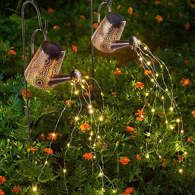 Glintoper 2 Pack Outdoor Solar Watering Can Garden Lights, Metal Waterfall Figurine Lights with Shepherd Hook, Decorative Yard Art for Mom, Mothers Day Ideal Gifts, for Patio Walkway Pathway Lawn