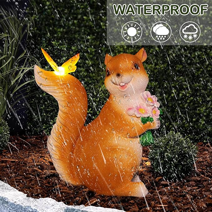 Attivolife Solar Squirrel Garden Statue Light, Outdoor Decor Figurines with Butterfly, Yard Patio Balcony Lawn Home Decor Sculpture Ornaments, Mother's Day Birthday Gift for Mom Grandma