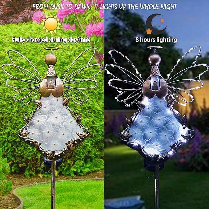 Angel Solar Lights Garden Stake Outdoor-38Inch Metal&Glass Solar Angel Stake Grave Decorations for Cemetery-Perfect as Angel Remembrance Gifts & Sympathy Gifts Decorations（Bronze）