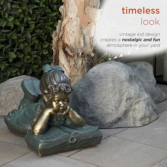 Alpine Corporation 16" Tall Indoor/Outdoor Girl Laying Down Reading Book Statue Set Yard Art Decoration