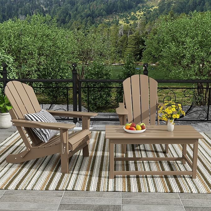 WO Home Furniture Adirondack Chairs Table Set of 3 PCS Outdoor Folding Chairs Coffee Table Weather/UV Resistant for Lawn, Garden, Bon Fire, Balcony (Weathered Wood)
