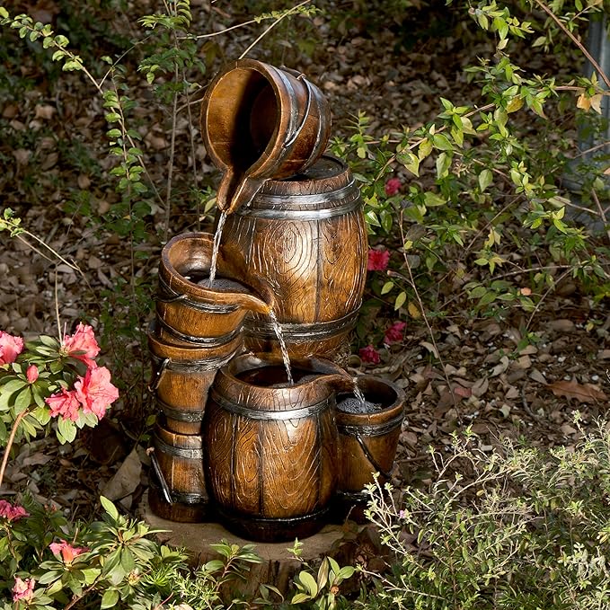 Alpine Corporation ZEN409S 24" Indoor/Outdoor Floor Tiered Barrels and Buckets Fountain, Rustic 4-Tier – Water Feature for Garden, Patio, and Home Décor, Brown