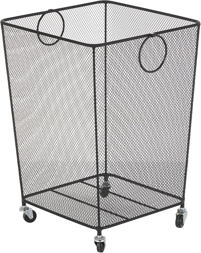 Deco 79 Metal Storage Basket Square Mesh Wire Rolling Laundry with Ring Handles, 17" x 16" x 24", Black