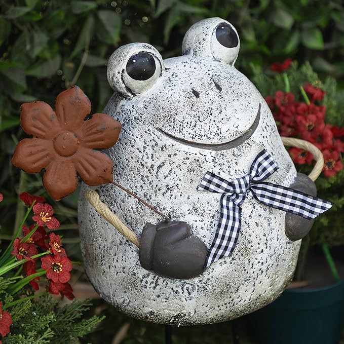 Alpine Corporation MCC860 Indoor/Outdoor Frog with Flower Garden Statue, Stone Finish Frog Statue for Yard, 24" H, Silver