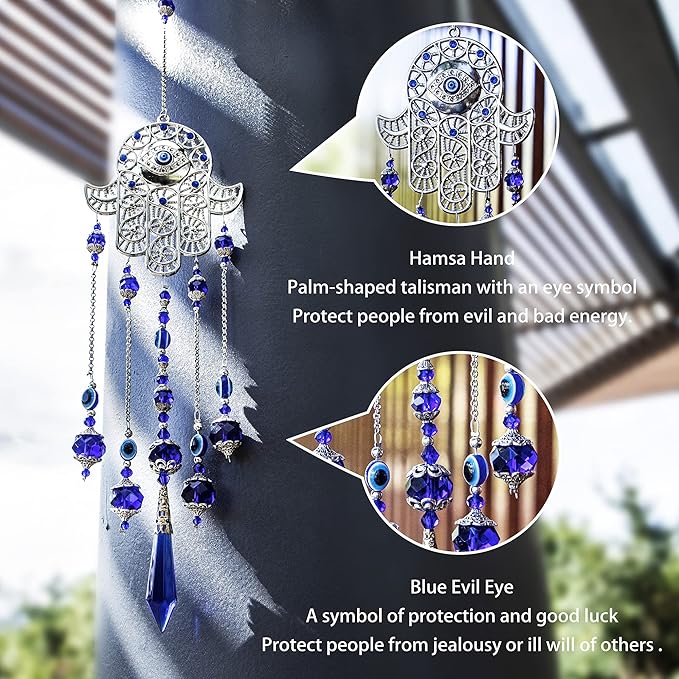 Crystal Prism Suncatcher Ornament with Hamsa Fatima Hand Protection Charm Turkish Greek Blue Evil Eye Sapphire Crystals Beads for Window Hanging Decoration