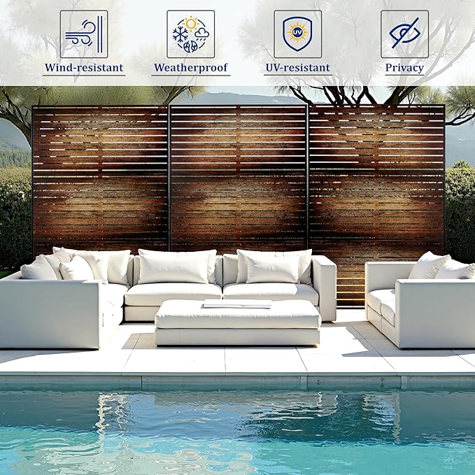 FENCY Outdoor Privacy Screen, 72" H×47" W Metal Patio Privacy Screen, Freestanding Decorative for Deck Balcony Patio Vintage Wood Color