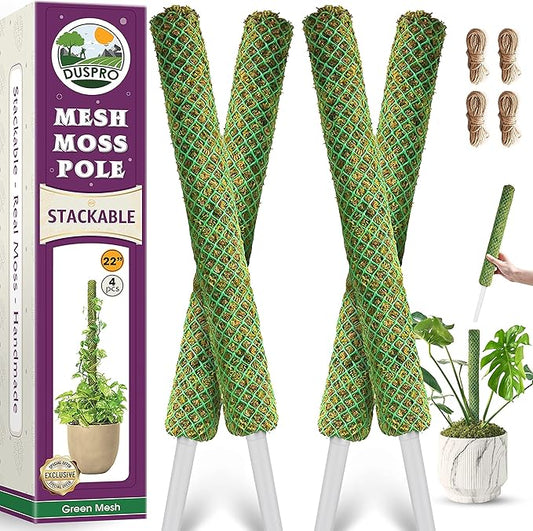 Duspro Green Stackable Mesh Moss Pole for Plants Climbing Vine Supporting Monstera Trellis, for Indoor Plants Extendable Plant Pole Moss Sticks, for Potted Plant Stakes 4Pack 71''