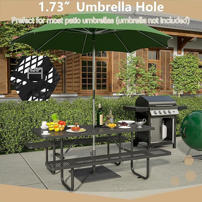 72'' Steel Rectangular Picnic Table for Outdoors, Expanded, Lifetime Picnic Table with Umbrella Hole, Heavy Duty Sturdy Commercial Picnic Tables for Garden Courtyard BBQ, Black