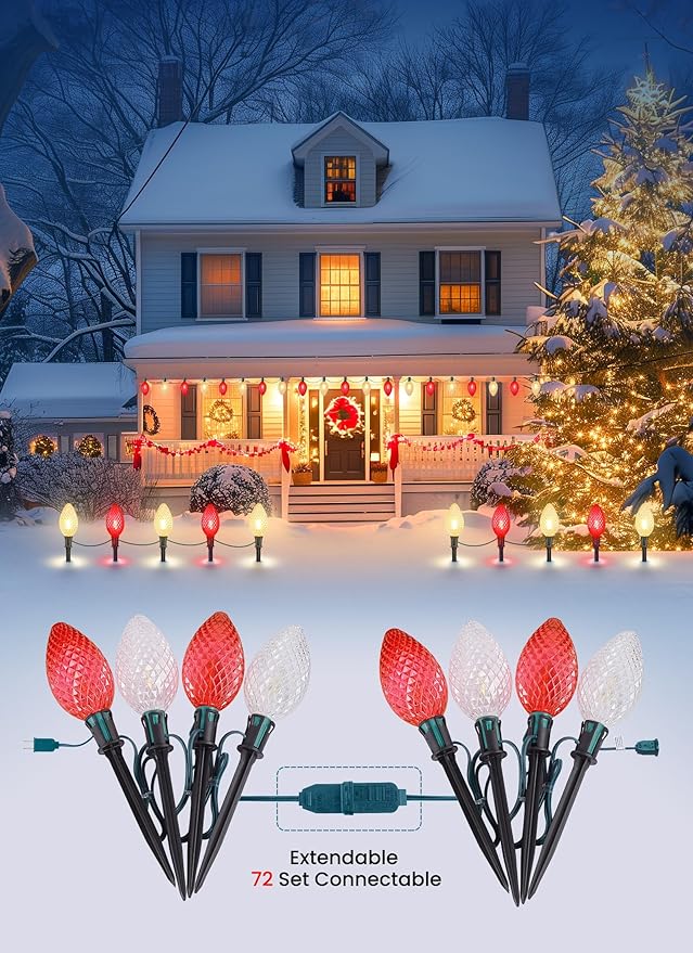 Double C9 Christmas Pathway Lights Outdoor - 2 Pack 13.5Ft 10 LED With 10 Marker Stakes for Walkway, Waterproof Plug-in C9 Strawberry Christmas Decorations for Driveway, Red & Warm White