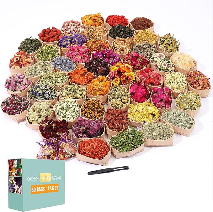 SACATR Dried Flowers, 50 Bags 100% Natural Dried Herbs Kit for Soap Making, Candle, Resin Jewelry Making, Bath, Nail - Include Rose Petals, Rosebuds, Lilium, Jasmine, Don't Forget Me and More