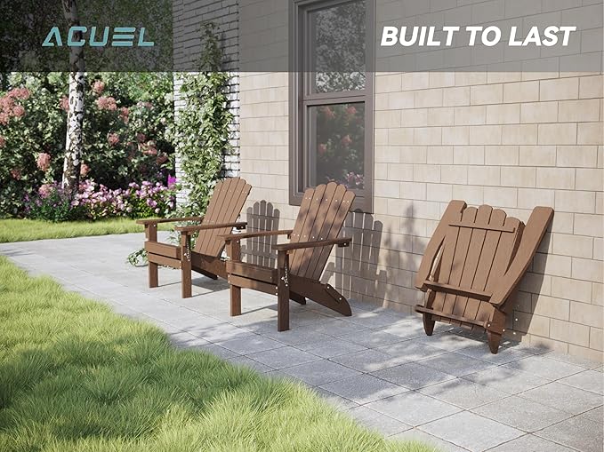Folding HDPE Adirondack Chair Set of 2, Weather-Resistant Patio Chair with Wide Armrests & High Backrest, Fire Pit Chair for Garden, Backyard, Porch - Coffee