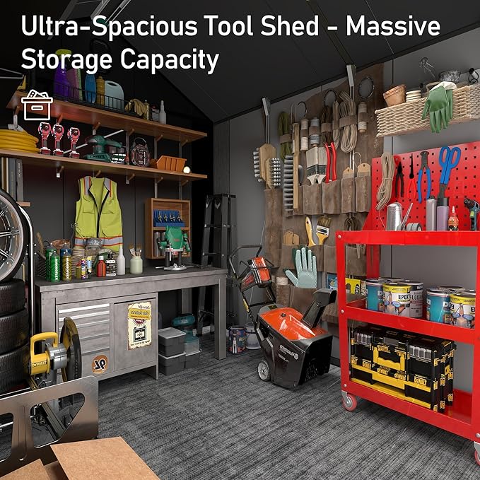 Domi 8x10 FT Outdoor Resin Storage Shed, All-Weather Double-Wall Garden Shed for Backyard, Lawn Tools, Bike, Mower & Pool Equipment with Lockable Doors, Ventilated Roof, Grey