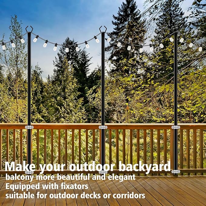 10Ft String Light Poles 2 Pack,Light Poles for Outside Lights,Outdoor with Fence Brackets Hanging Lights,Metal Stand Deck Patio Backyard