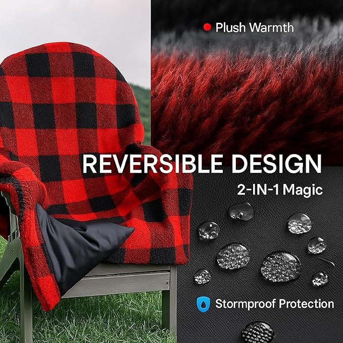 CITYBONFIRES The Chair Blanket™ Reversible Waterproof with Sherpa Lining – Portable Outdoor Cover for Camping, Sports & Patio – Folds into Carry Pouch with Strap - Buffalo Plaid
