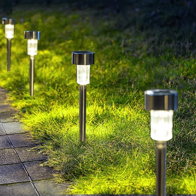 GIGALUMI Solar Pathway Lights 20 Pack, Stainless Steel IP44 Waterproof Auto On/Off Outdoor LED Solar Landscape Lights for Garden, Yard, Patio, Path and Walkway. (Cold White)