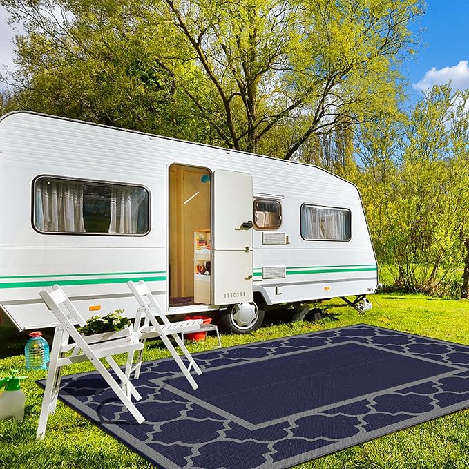 GENIMO 10 ' x 14 ' Outdoor Rug Waterproof for Patio Decor, Foldable Reversible Plastic Straw Area Rugs Mat for Camper, Outside Carpet for Rv, Deck, Porch, Picnic, Beach, Balcony, Blue & Grey