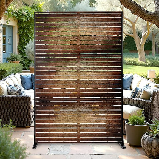 FENCY Outdoor Privacy Screen, 72" H×47" W Metal Patio Privacy Screen, Freestanding Decorative for Deck Balcony Patio Vintage Wood Color