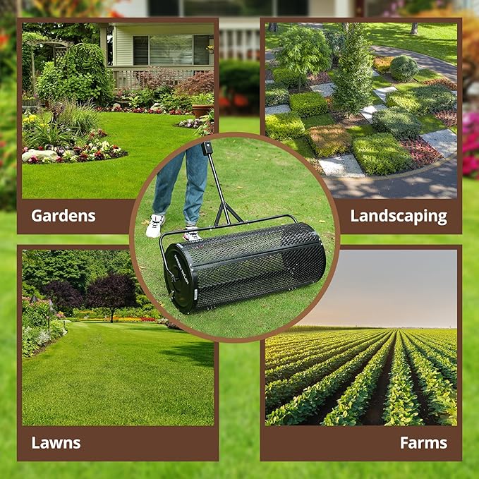 Compost Spreader 36 Inch Towable Peat Moss Spreader with Installation Support Accessories, Metal Mesh Roller Lawn Spreader for Top Soil, Manure, Mulch, Top Dressing - Garden spreaders for lawns