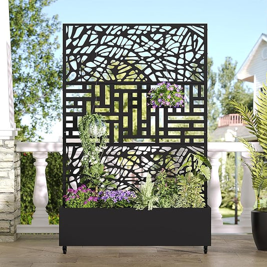 Casaphoria Metal Raised Garden Bed with Trellis and Wheels, 72"x47"x16" Planter Box for Climbing Plants, Vegetables & Vines, Features Drainage Holes and Privacy Screen, Black(Net&Helen)