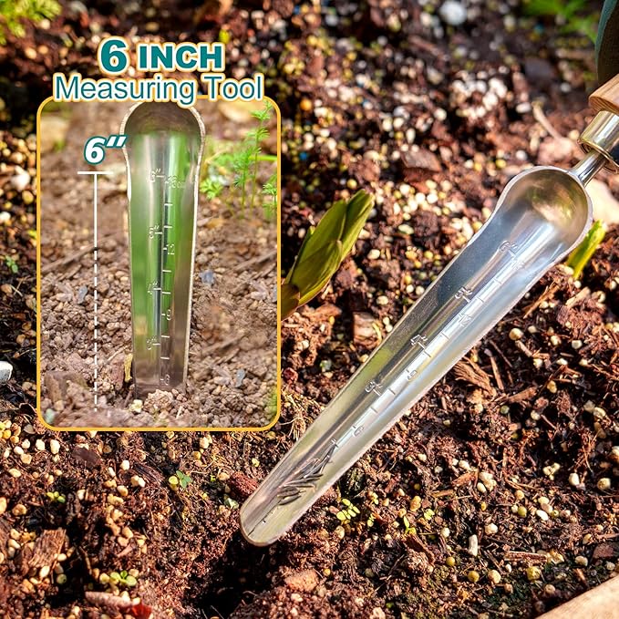 Berry&Bird Seeding Widger,Stainless Steel Seed Dibber Tool with Measuring Scale,Wooden Handle Garden Bulb Trowel for Seed Planting Tool Hand Shovel Planter Transplanter Dibber Soil Digginng