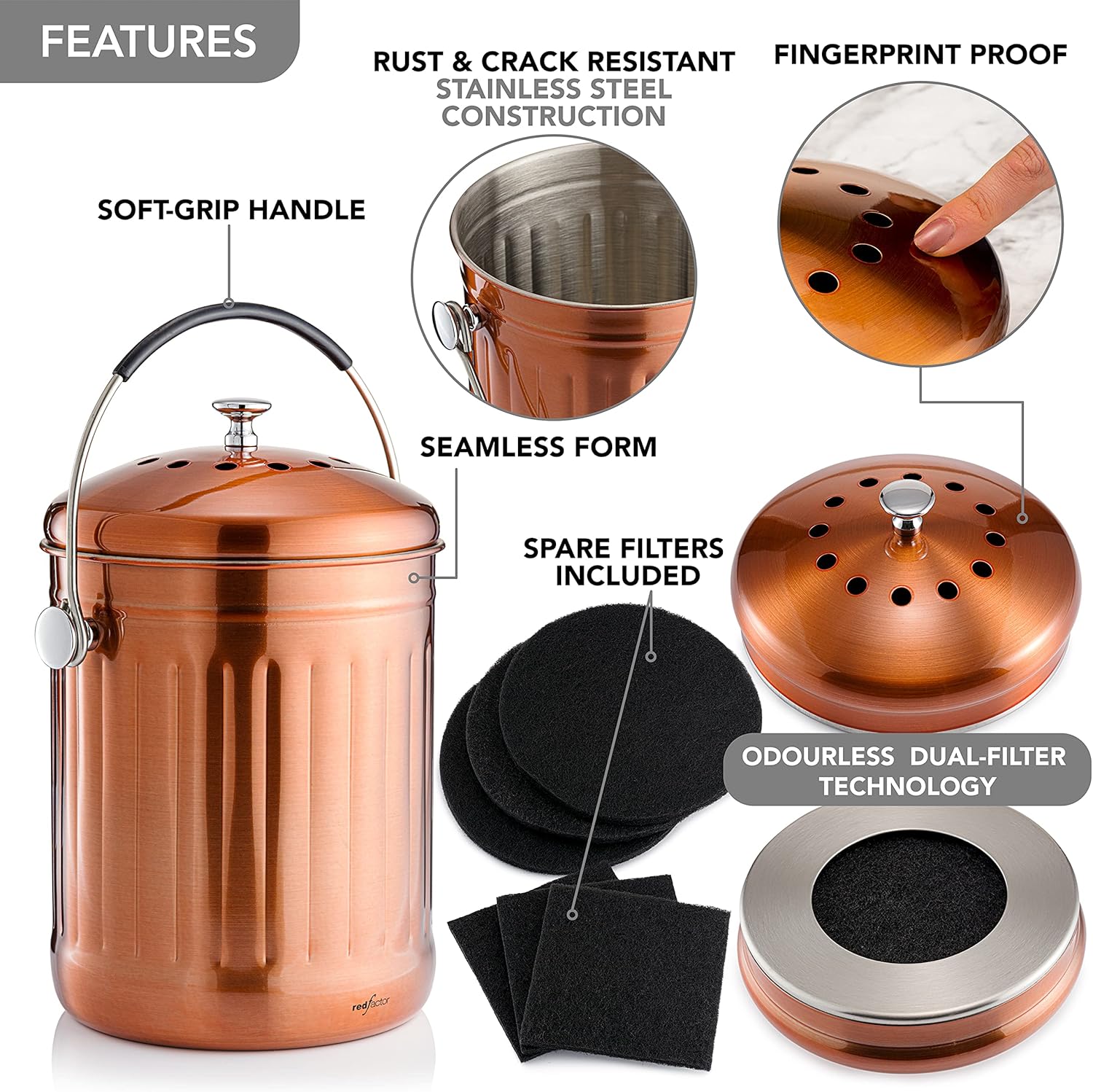 RED FACTOR Premium Compost Bin for Kitchen Countertop - Stainless Steel Food Waste Bucket with Innovative Dual Filter Technology - Includes Spare Filters (Matt Copper, 1.3 Gallon)