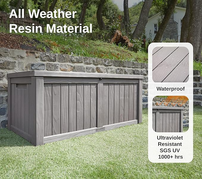 EAST OAK Outdoor Storage Box, 120 Gallon Deck Box with Stainless Steel Rods Large Resin Storage Bin for Patio Cushions, Garden Tools, Waterproof and UV Resistant, Lockable, Grey