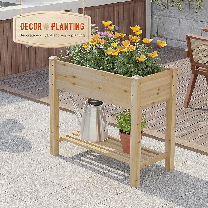GHWIE Raised Garden Bed with Legs, Elevated Wooden Planter Box with Shelf,Large Garden Planter Outdoor for Backyard, Patio, Balcony