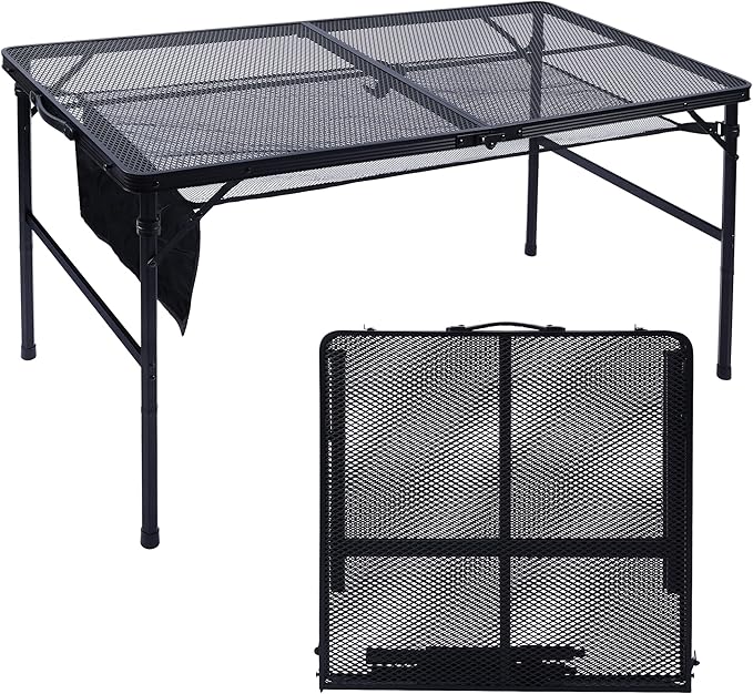 Folding Grill Table, 4x2 FT Portable Camping Table, Lightweight Height Adjustable Metal Tables with Mesh Desktop and Mesh Bag, Outdoor Tables for Camping, Picnic, Beach and BBQ, Black
