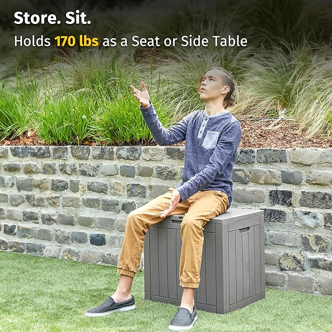 EAST OAK Outdoor Storage Box, 31 Gallon Deck Box Indoor and Outdoor Use, Waterproof Resin Storage Bin for Package Delivery, Patio Cushions, Gardening Tools, Lockable, UV Resistant, Grey