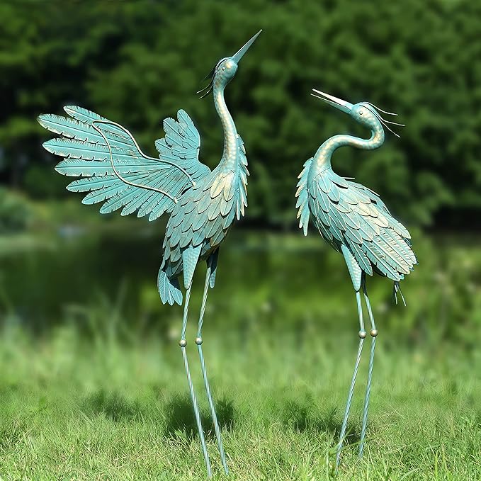 Crane Statues for Outdoor, Metal Heron Garden Statues Bird Yard Art, Standing Sculptures for Yard Lawn Pond Garden Decor, 38-42 Inch Set of 2, Cyan