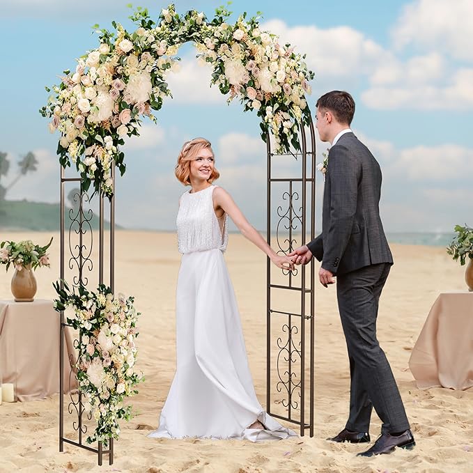 Evergreen Plow & Hearth Montebello-Gunmetal Garden Arbor - 7 Feet Tall | Slim Metal Arch with Iron Trellis for Climbing Plants | Elegant Wedding Arbor | Outdoor Patio & Garden Decor