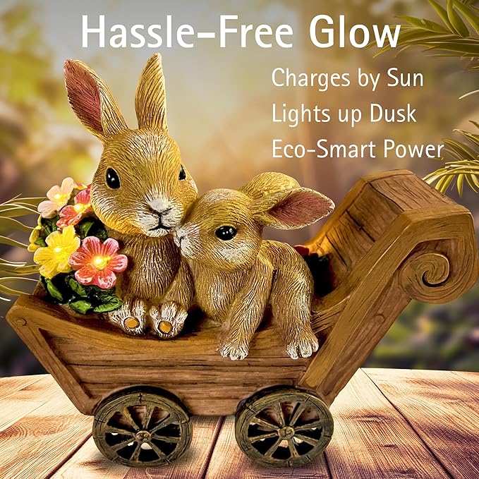 Bunny Solar Garden Statues, Rabbit Decor & Yard Ornaments, Cute Garden Decor for Outside, Gifts for Moms, Solar Figurines Outdoor Statue, Gardening Gifts for Women, Bunnies Ornament - Medium