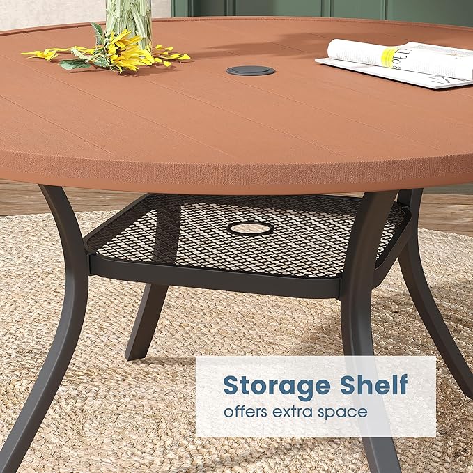 DIFY Round Outdoor Patio Dining Table for 4, 41.7" Patio Table with All-Weather Faux Wood Tabletop and Metal Steel Frame, Outside Table for Garden Porch Backyard, Walnut