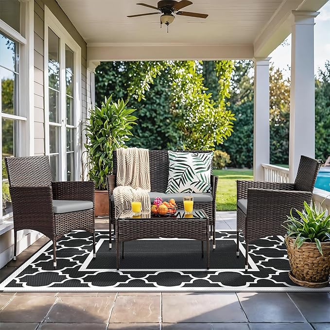 GENIMO 6' x 9' Outdoor Rug Waterproof for Patio Decor, Foldable Reversible Plastic Straw Area Rugs Mat for Camper, Morden Carpet for Outside, Rv, Deck, Porch, Picnic, Beach, Balcony, Black & White