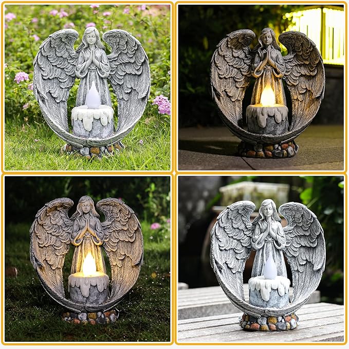 Angel Garden Statues Outdoor Cemetery Decorations for Grave Take The Cross Praying Wings Angel Figurine Cemetery Lights Patio Lawn Yard Porch Decorations 10.24 Inch