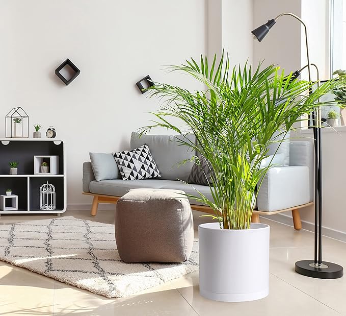 D'vine Dev 2 Pack 14 Inch Modern Plastic Plant Pots, Small Garden Planters for Plant with Drainage Holes and Saucers, White Color, 74-Z-Q-1