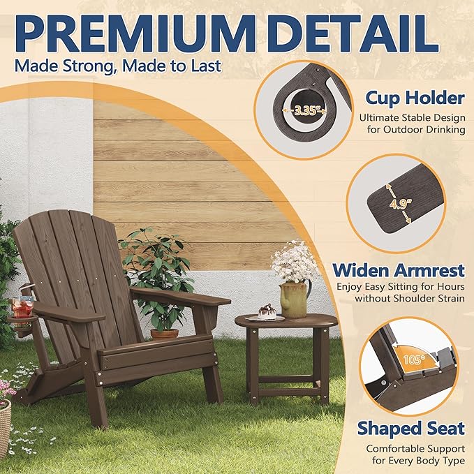Folding Adirondack Chair Set of 2 with Cup Holder, HDPE All Weather Resistant Plastic Outdoor Patio Chairs, Heavy Duty Fire Pit Seating for Backyard Lawn Garden, Wooden Textured Design(Coffee)