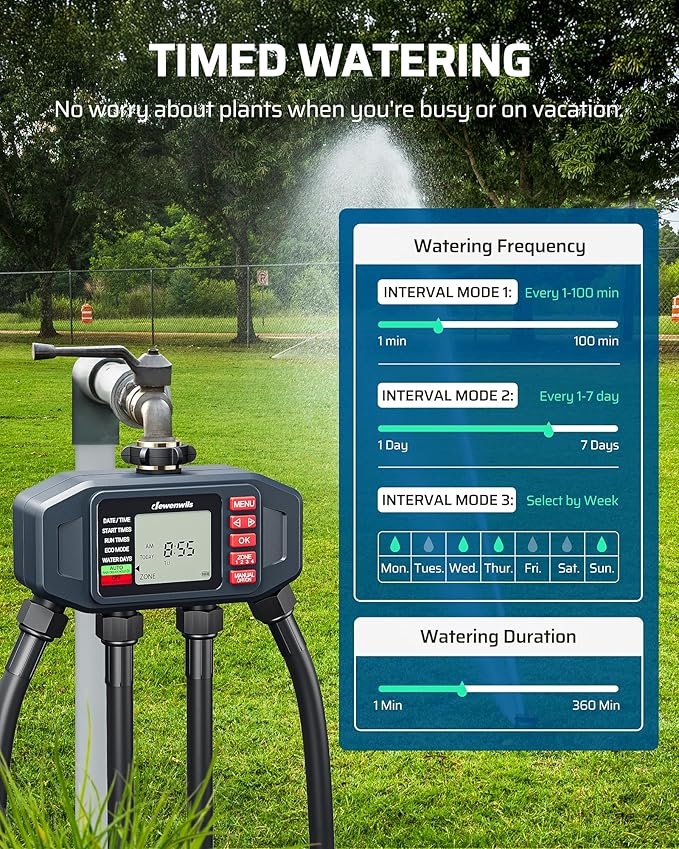 DEWENWlLS Sprinkler Timer, 4 Zone, Outdoor Faucet lrigation, Rain Delay & Manual, Programmable Water Hose Timer for Holiday, Garden, Lawn, Vegetable Gardening, Potted Flowers