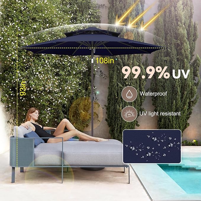 9ft Outdoor Patio Umbrella - 2 Tiers Table Umbrella Waterprool UV Protection, Sombrillas de Patio with Push Button Tilt&Crank, Sun Umbrella for Pool, Porch, Garden, Backyard(Dark Blue)