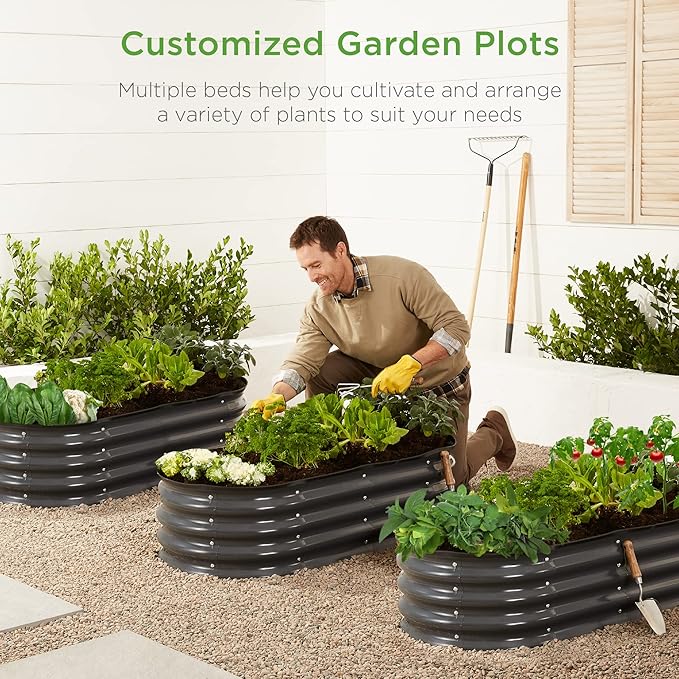 Best Choice Products 4x2x1ft Outdoor Metal Raised Garden Bed, Oval Deep Root Planter Box for Vegetables, Flowers, Herbs, and Succulents w/ 51 Gallon Capacity, Rubber Edge Guard - Charcoal