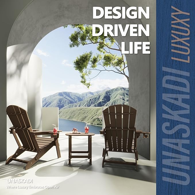 Folding Adirondack Chair Set of 2 with Cup Holder, HDPE All Weather Resistant Plastic Outdoor Patio Chairs, Heavy Duty Fire Pit Seating for Backyard Lawn Garden, Wooden Textured Design(Coffee)