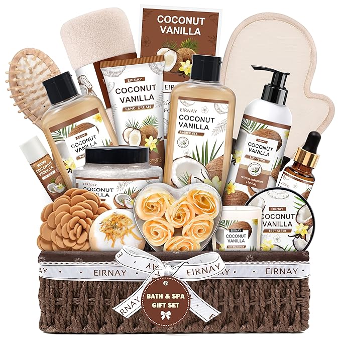 Christmas Gifts For Women - 16 PCS Birthday Gift Basket for Women Set of Coconut Vanilla Self Pampering Set, Includes Luxurious Home Spa Shower Gel Bubble Bath