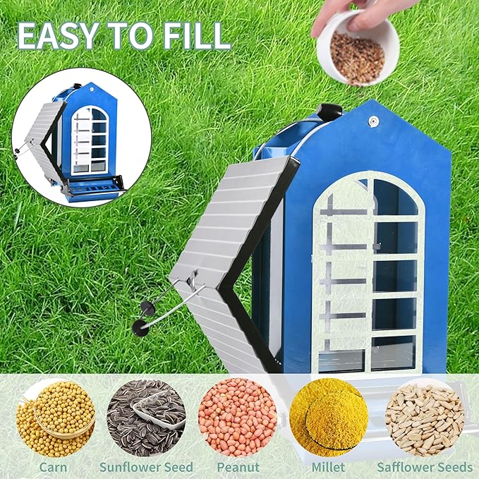 Bird Feeder Squirrel Proof Metal Hanging for Outdoor Wild Bird Seed, 5LBS with Bilateral Weight-Activated Perches, Heavy Duty Bird Feeders for Outside Wild Bird - Blue