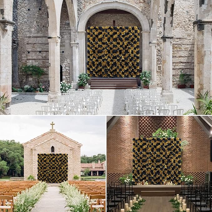 Artificial Flower Panels Rose Black Gold 15 * 15inch -12Pack 3D Floral Wall Backdrop for Party Stage Event Party Gothic Live Streaming Photography Anniversary Background Arrangement Decor