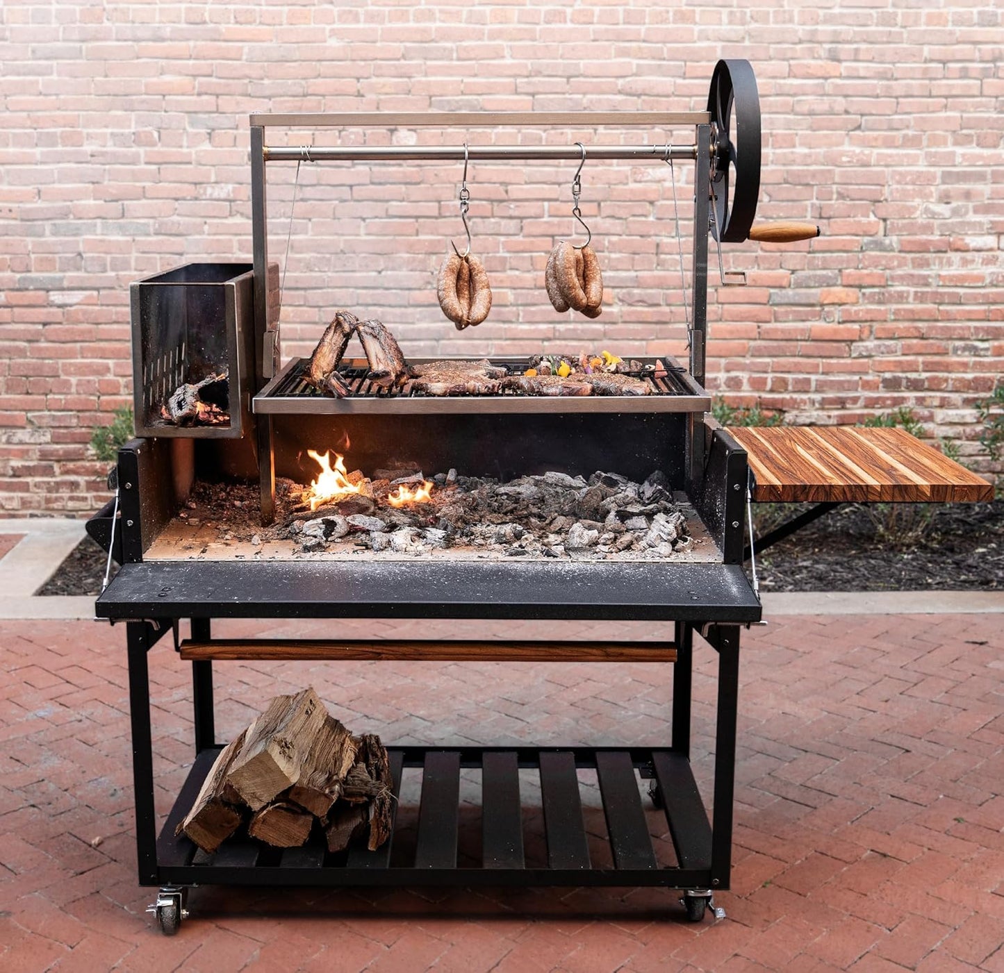 Backyard Discovery Argentine Santa Maria Wood Fire & Charcoal BBQ Grill with Brasero, Adjustable Grill Grates, Fire Bricks, Heavy-Duty Steel, S-Hooks, Acacia Wood Table for Outdoor Gaucho Grilling
