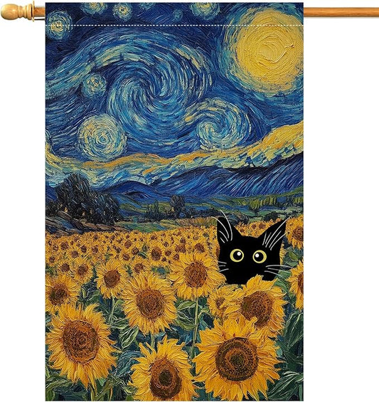 BLKWHT Summer Sunflower Cat House Flag 28x40 Vertical Double Sided Blue Sky Welcome Farmhouse Holiday Outside Decorations Burlap Yard Flag BW822-40