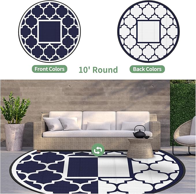 GENIMO 10 ' Round Outdoor Rug for Patio, Waterproof Indoor Outdoor Plastic Straw Rugs Carpet, Reversible Outside Area Mat for Camping, Balcony Porch, Deck, Picnic, Blue White
